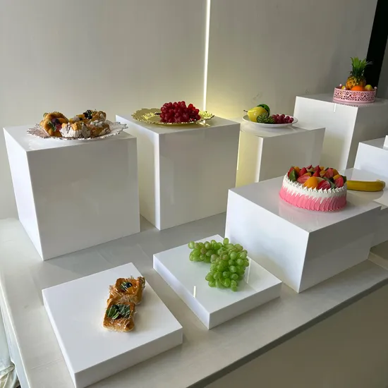 Hotel Restaurant Wedding Banquet Food Pedestal Box Clear Display Cube Cupcake Table Nesting White Acrylic Catering Buffet Risers for Food Display 