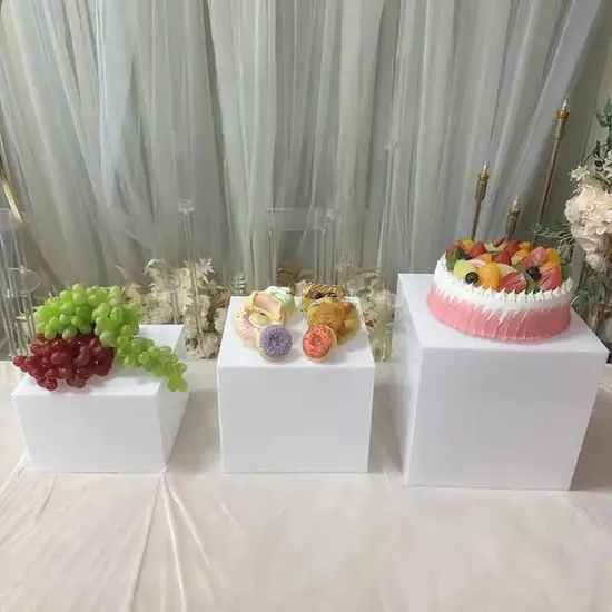 Factory Hotel Restaurant Wedding Pillar Decoration White Acrylic Nesting Buffet Riser Cube Cake Stand Catering Lucite Square Food Pedestal Riser for Display Box 